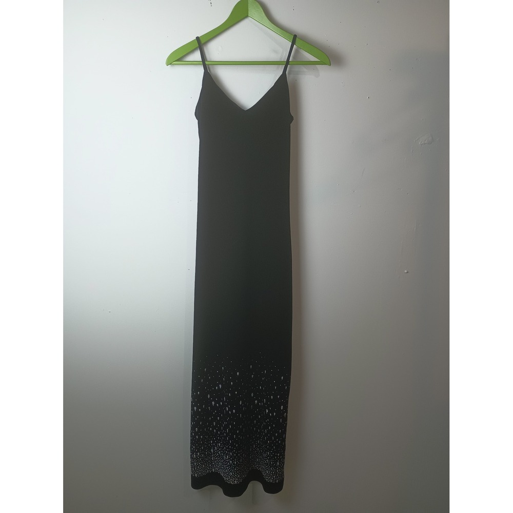 Vintage Black Velvet Rhinestone Maxi Dress Small V-Neck Spaghetti Strap Slit